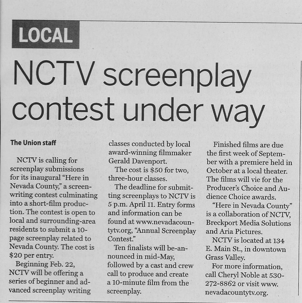 NCTV Screenplay Contest Underway newspaper article.