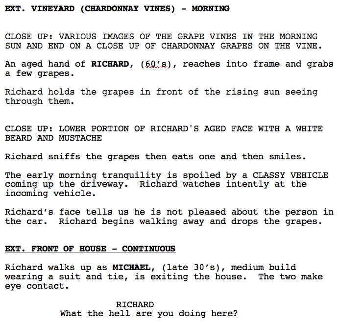 Petite Chardonnay screenplay snippet.