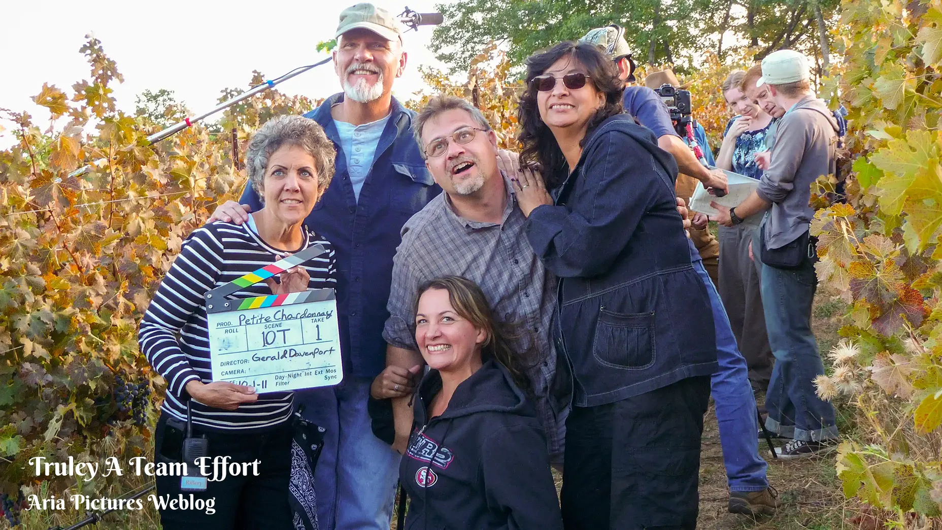 On set of Petite Chardonnay at Lucchesi Vineyard & Winery. Lisa West, Gary L. Conover, Gerald Martin Davenport, Victoria Gary, Laura Marie Tapia, Krystina Mae, Michael Klemp, Frank Cosgriff.